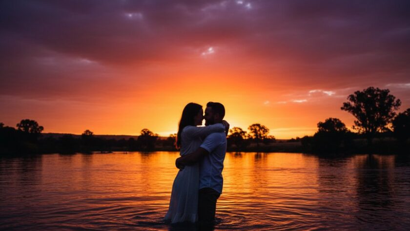 An epic moment capture of a couple embracing lovingly at sunset, silhouetted against the vibrant orange and pink sky over the Goulburn River in Mooroopna, epitomising romantic Mooroopna engagement photos at sunset with dramatic flair.
