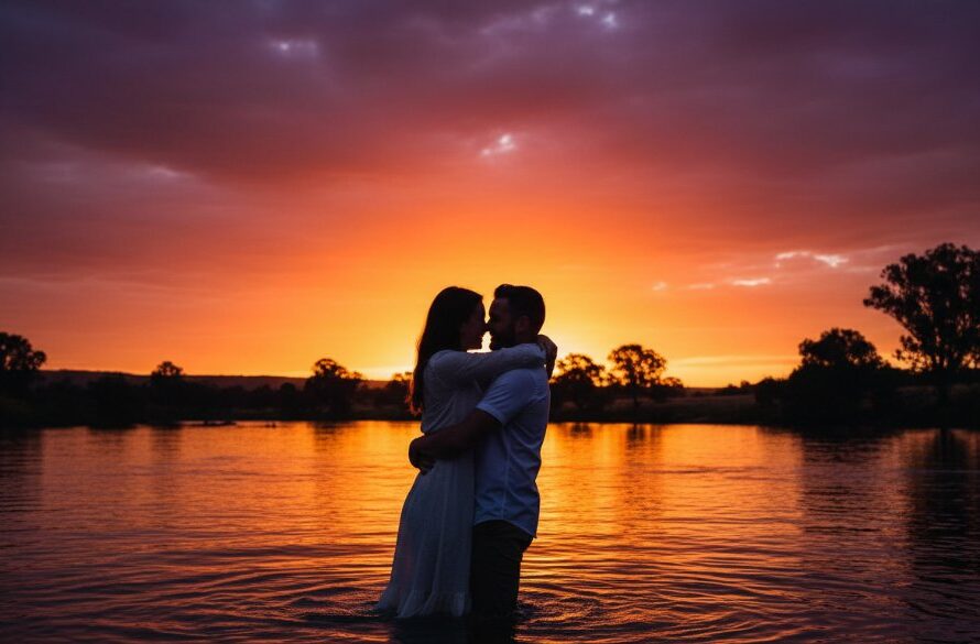 An epic moment capture of a couple embracing lovingly at sunset, silhouetted against the vibrant orange and pink sky over the Goulburn River in Mooroopna, epitomising romantic Mooroopna engagement photos at sunset with dramatic flair.