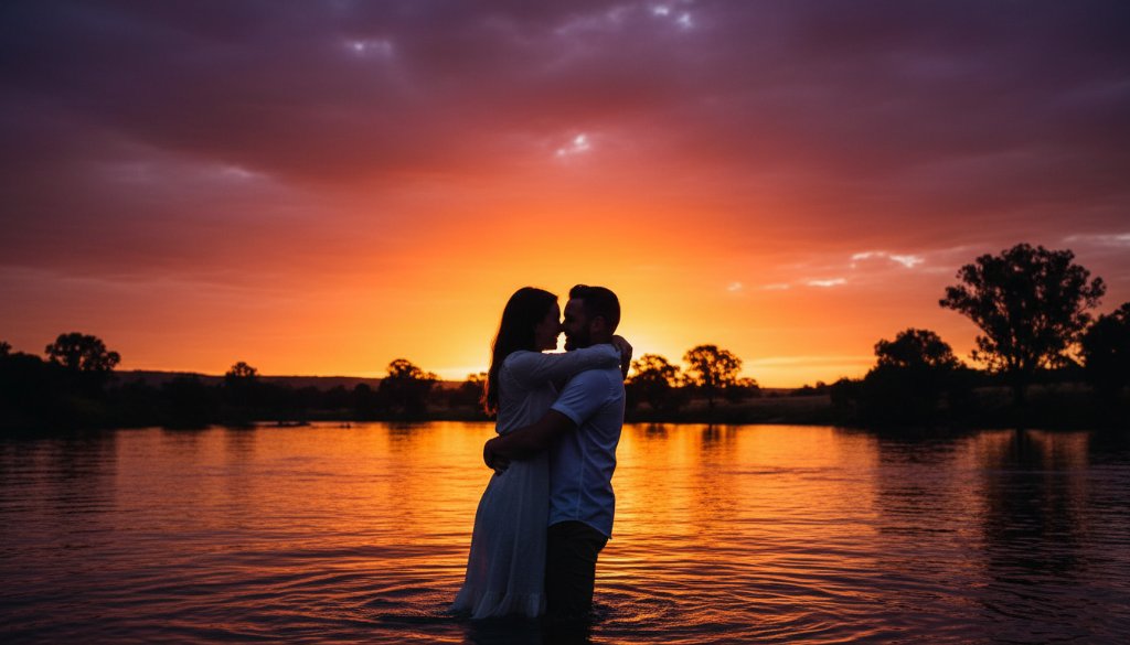An epic moment capture of a couple embracing lovingly at sunset, silhouetted against the vibrant orange and pink sky over the Goulburn River in Mooroopna, epitomising romantic Mooroopna engagement photos at sunset with dramatic flair.