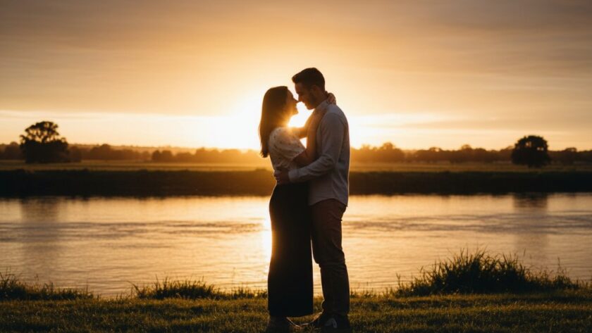 An epic moment from a romantic Mooroopna pre-wedding photoshoot Victoria, featuring a couple embracing passionately at sunset by the Goulburn River, with golden light illuminating their joyful expressions and the scenic riverside landscape.