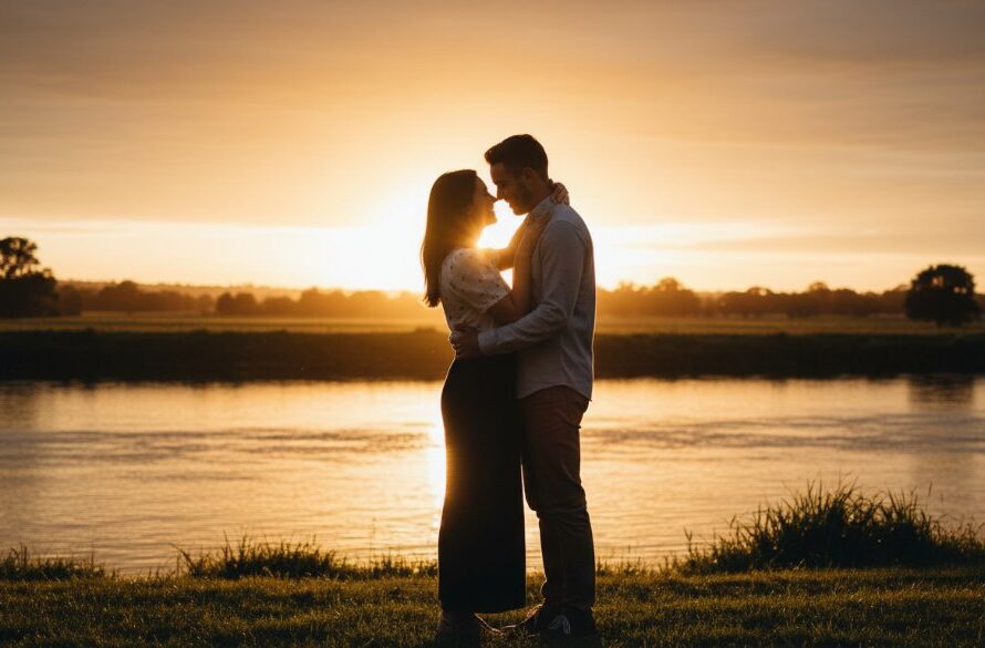 An epic moment from a romantic Mooroopna pre-wedding photoshoot Victoria, featuring a couple embracing passionately at sunset by the Goulburn River, with golden light illuminating their joyful expressions and the scenic riverside landscape.