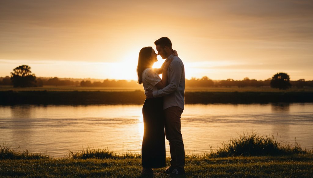 An epic moment from a romantic Mooroopna pre-wedding photoshoot Victoria, featuring a couple embracing passionately at sunset by the Goulburn River, with golden light illuminating their joyful expressions and the scenic riverside landscape.