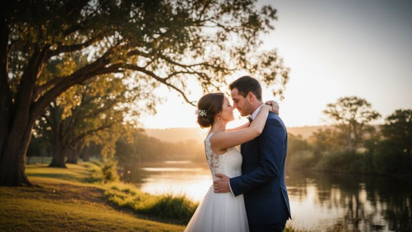 An epic moment of a newlywed couple embracing under the golden hour light, reflecting their romantic Mooroopna wedding photography capturing genuine love, with the serene Goulburn River in the background.