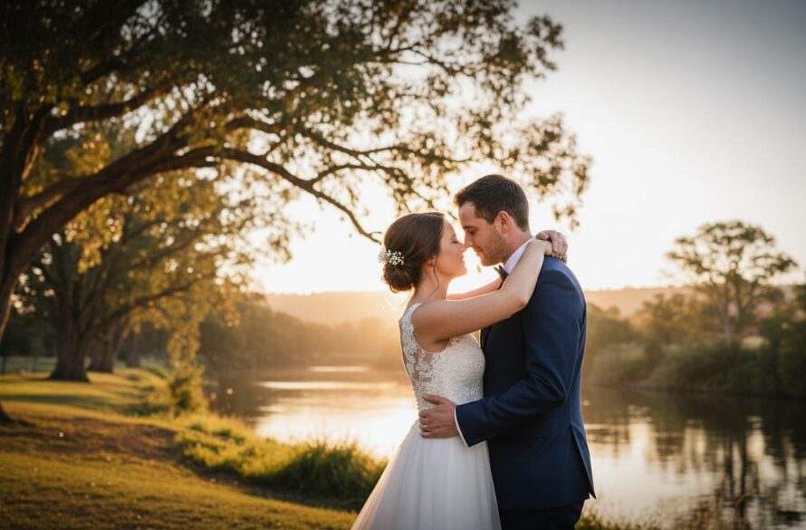 An epic moment of a newlywed couple embracing under the golden hour light, reflecting their romantic Mooroopna wedding photography capturing genuine love, with the serene Goulburn River in the background.