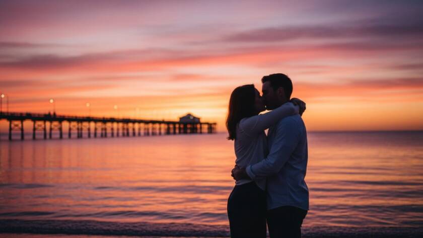 A couple sharing a tender, dramatic kiss on Mordialloc Beach at sunset, with the iconic pier silhouetted against a fiery sky, captured in a romantic Mordialloc Beach engagement photoshoot, showcasing a profound 'epic moment' with professional cinematic colour grading.