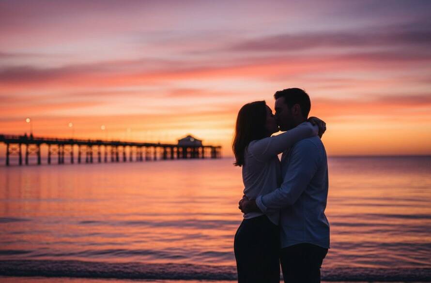 A couple sharing a tender, dramatic kiss on Mordialloc Beach at sunset, with the iconic pier silhouetted against a fiery sky, captured in a romantic Mordialloc Beach engagement photoshoot, showcasing a profound 'epic moment' with professional cinematic colour grading.