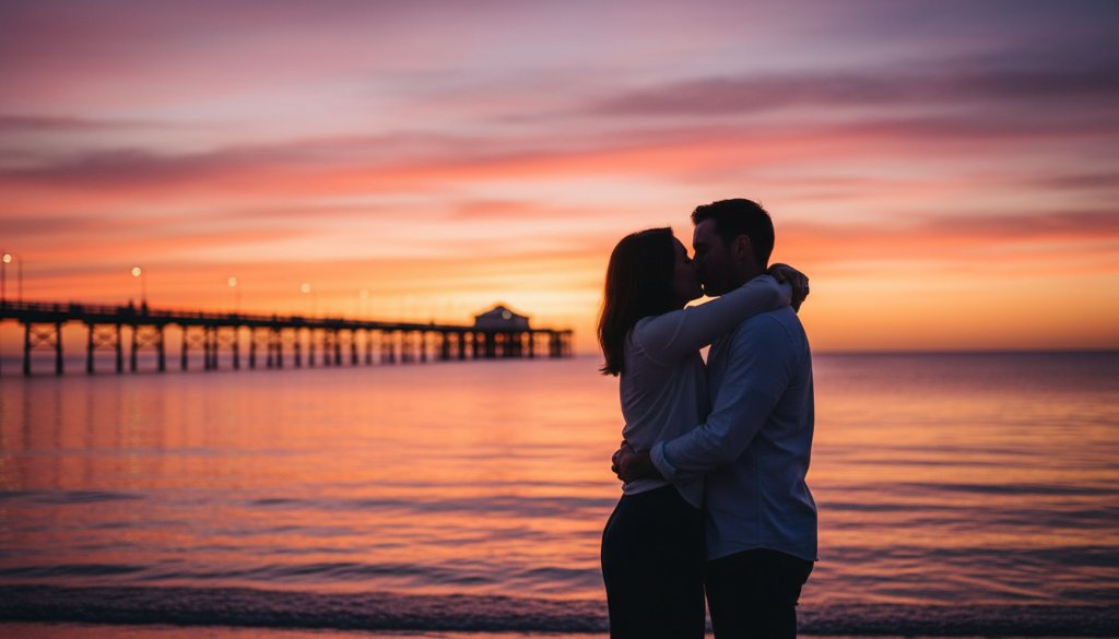 A couple sharing a tender, dramatic kiss on Mordialloc Beach at sunset, with the iconic pier silhouetted against a fiery sky, captured in a romantic Mordialloc Beach engagement photoshoot, showcasing a profound 'epic moment' with professional cinematic colour grading.