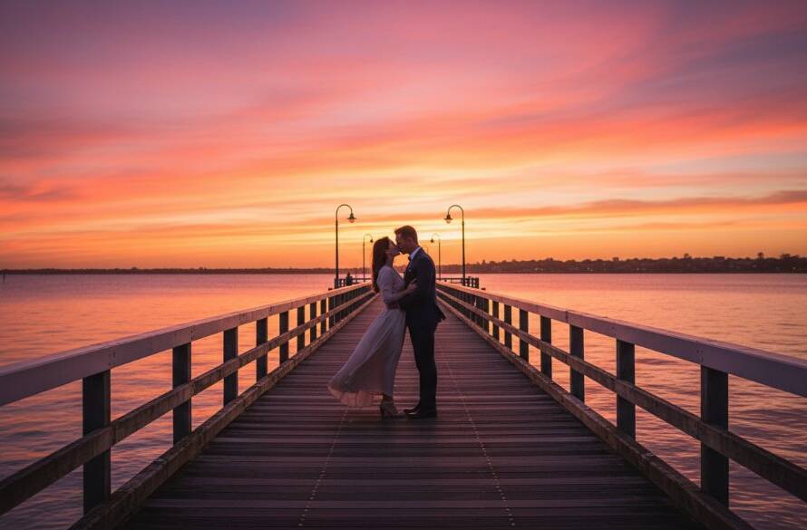 An epic moment of a couple embracing passionately at sunset on Mordialloc Pier, their silhouettes dramatic against the vibrant sky, capturing the essence of romantic Mordialloc pier pre-wedding photography with a cinematic feel.