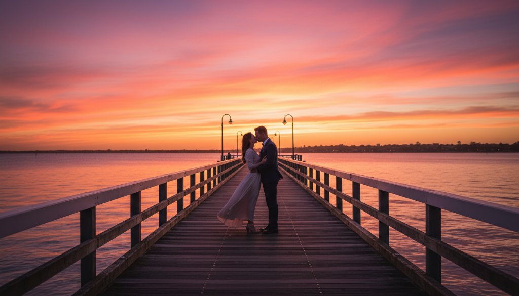 An epic moment of a couple embracing passionately at sunset on Mordialloc Pier, their silhouettes dramatic against the vibrant sky, capturing the essence of romantic Mordialloc pier pre-wedding photography with a cinematic feel.