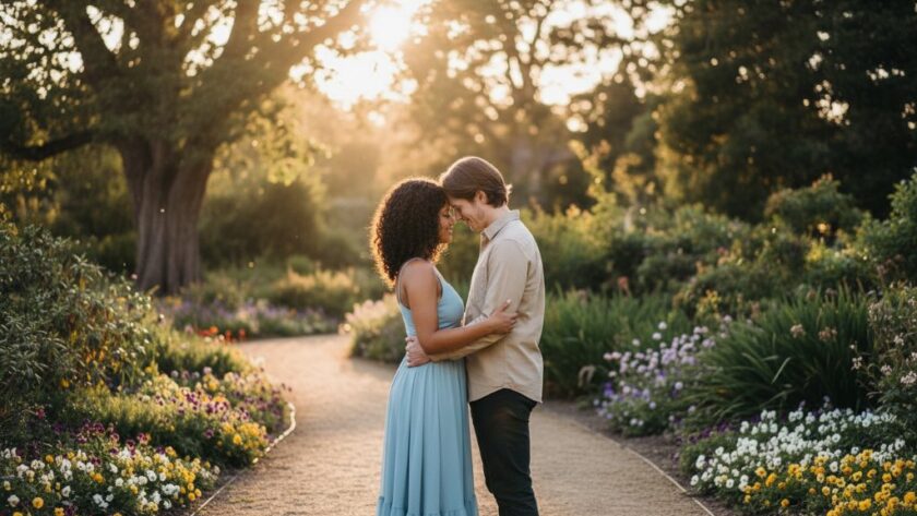 A couple embracing lovingly amidst golden hour glow in the Morwell Botanic Gardens, capturing a tender and romantic Morwell engagement photos Victoria moment, with soft focus on their joyful expressions.