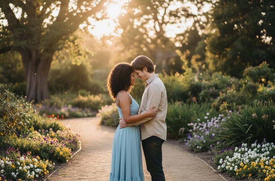 A couple embracing lovingly amidst golden hour glow in the Morwell Botanic Gardens, capturing a tender and romantic Morwell engagement photos Victoria moment, with soft focus on their joyful expressions.