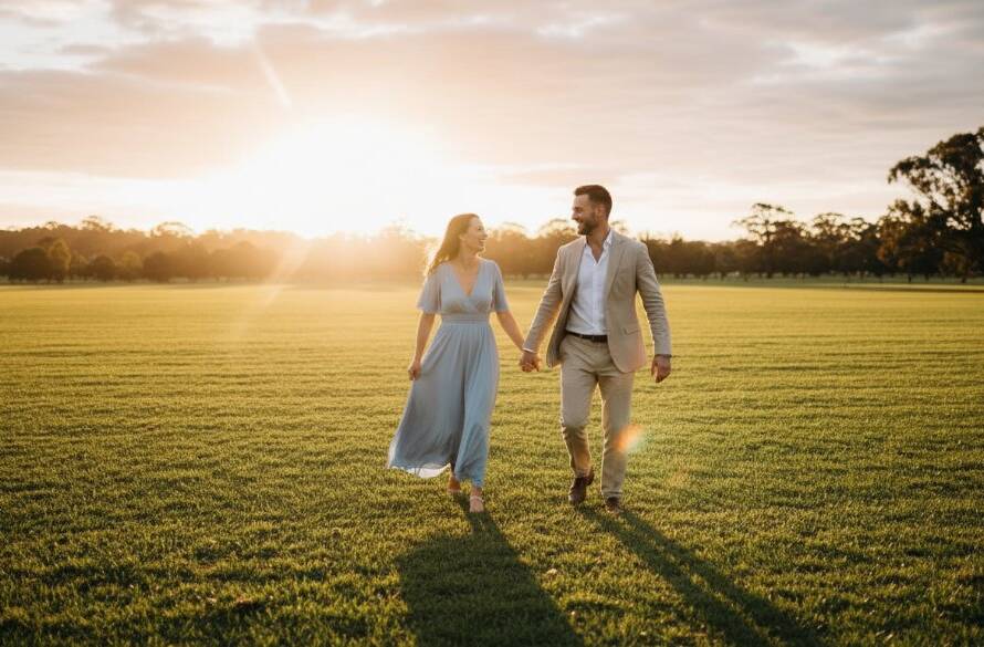 An epic moment captured in Mulgrave Victoria, featuring a couple embracing warmly at sunset, showcasing romantic Mulgrave engagement photography locations guide. The image highlights their deep connection amidst a stunning, professionally colour-graded landscape.