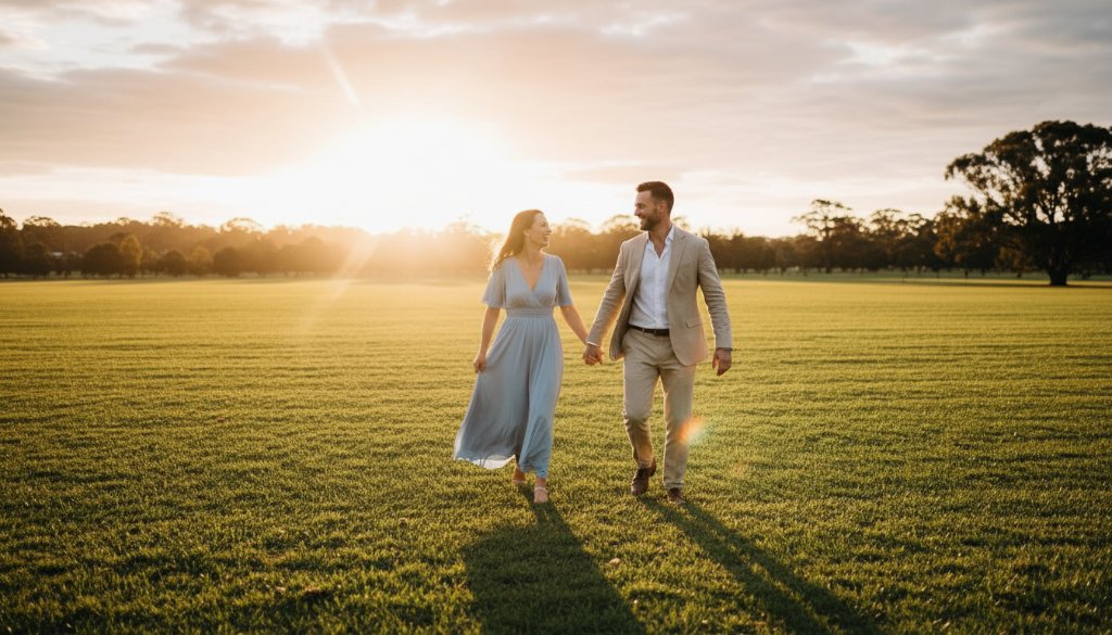 An epic moment captured in Mulgrave Victoria, featuring a couple embracing warmly at sunset, showcasing romantic Mulgrave engagement photography locations guide. The image highlights their deep connection amidst a stunning, professionally colour-graded landscape.