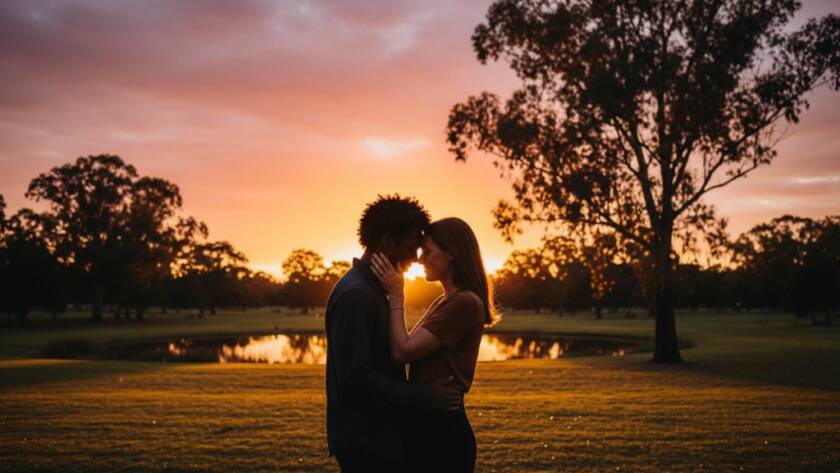 An epic moment of a joyful couple embracing during their romantic Murrumbeena engagement photography: Genuine Joy session, with warm golden hour light silhouetting their tender expressions against a softly blurred Murrumbeena park backdrop, showcasing genuine emotion and connection.