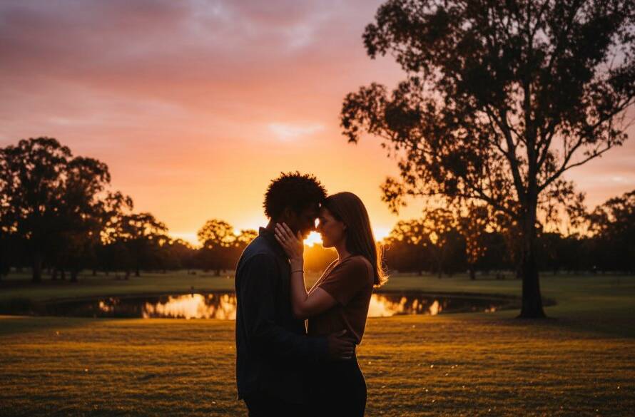 An epic moment of a joyful couple embracing during their romantic Murrumbeena engagement photography: Genuine Joy session, with warm golden hour light silhouetting their tender expressions against a softly blurred Murrumbeena park backdrop, showcasing genuine emotion and connection.