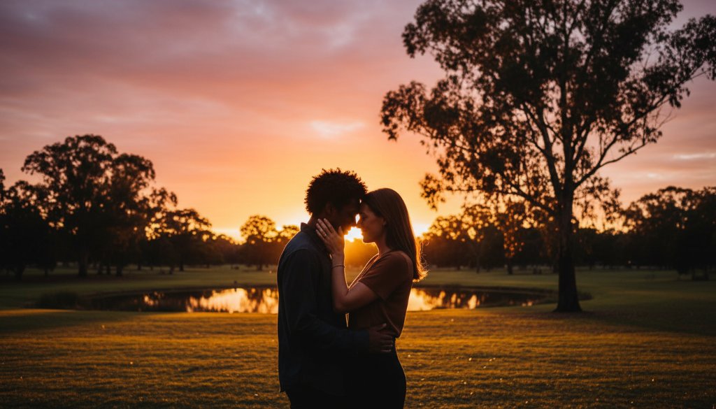 An epic moment of a joyful couple embracing during their romantic Murrumbeena engagement photography: Genuine Joy session, with warm golden hour light silhouetting their tender expressions against a softly blurred Murrumbeena park backdrop, showcasing genuine emotion and connection.