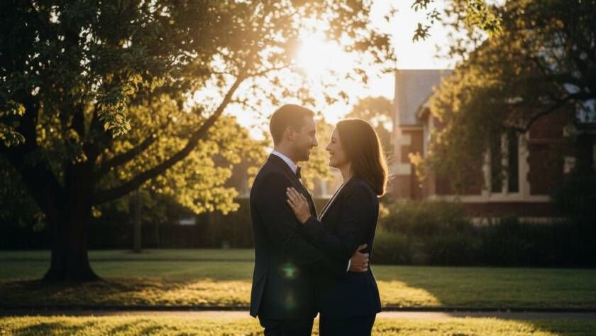 An epic moment captured during a romantic Murrumbeena pre-wedding photography session, featuring a couple embracing under dramatic golden hour light near a heritage building, reflecting joy and anticipation.