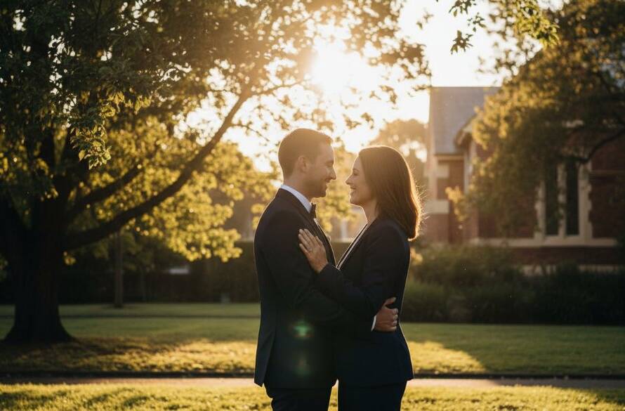 An epic moment captured during a romantic Murrumbeena pre-wedding photography session, featuring a couple embracing under dramatic golden hour light near a heritage building, reflecting joy and anticipation.