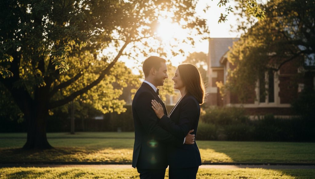 An epic moment captured during a romantic Murrumbeena pre-wedding photography session, featuring a couple embracing under dramatic golden hour light near a heritage building, reflecting joy and anticipation.