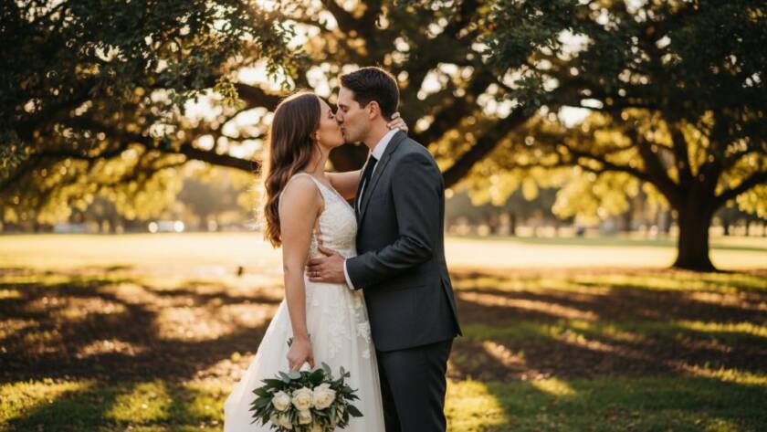 An epic moment captured in Murrumbeena wedding photography, showcasing a newlywed couple sharing a tender, candid moment under the soft glow of twilight in Murrumbeena Park, professionally colour-graded with dramatic lighting.