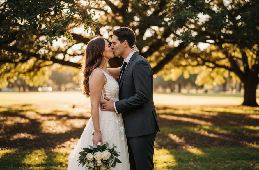 An epic moment captured in Murrumbeena wedding photography, showcasing a newlywed couple sharing a tender, candid moment under the soft glow of twilight in Murrumbeena Park, professionally colour-graded with dramatic lighting.
