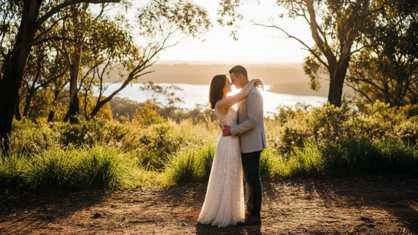 An engaged couple sharing a tender kiss at one of the romantic Newborough engagement photoshoot locations, bathed in golden hour light, with rolling hills in the background, captured in an epic, professionally graded photograph.