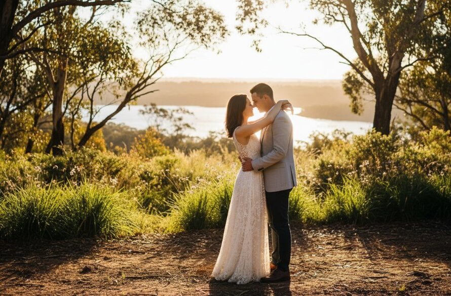 An engaged couple sharing a tender kiss at one of the romantic Newborough engagement photoshoot locations, bathed in golden hour light, with rolling hills in the background, captured in an epic, professionally graded photograph.