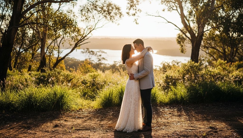 An engaged couple sharing a tender kiss at one of the romantic Newborough engagement photoshoot locations, bathed in golden hour light, with rolling hills in the background, captured in an epic, professionally graded photograph.