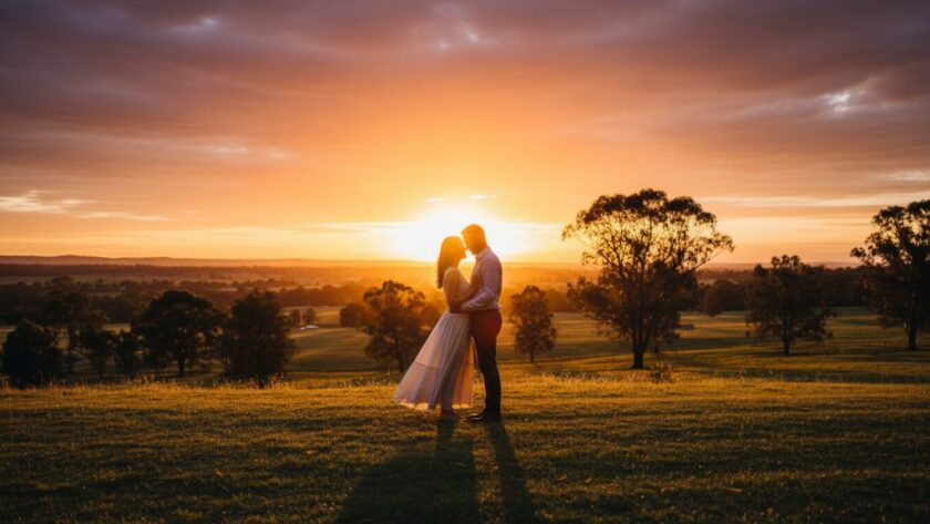An engaged couple sharing a tender, epic moment at sunset, embraced by the golden light of one of the romantic Newborough pre-wedding photography spots Gippsland, featuring a rustic natural landscape in the background, professionally captured with dramatic lighting and colour grading.