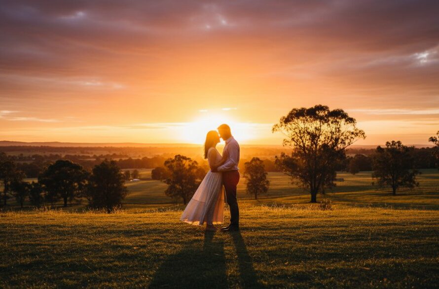 An engaged couple sharing a tender, epic moment at sunset, embraced by the golden light of one of the romantic Newborough pre-wedding photography spots Gippsland, featuring a rustic natural landscape in the background, professionally captured with dramatic lighting and colour grading.