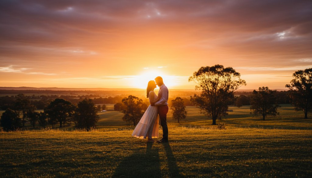 An engaged couple sharing a tender, epic moment at sunset, embraced by the golden light of one of the romantic Newborough pre-wedding photography spots Gippsland, featuring a rustic natural landscape in the background, professionally captured with dramatic lighting and colour grading.