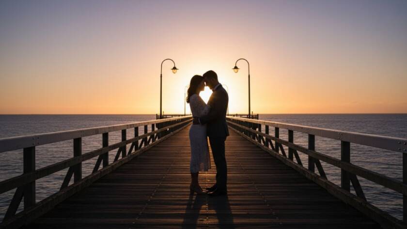 A couple embracing passionately at sunset on Newport's historic pier, silhouetted against a dramatic orange sky, captured in a romantic Newport Victoria pre-wedding photography epic moment.