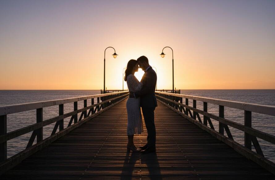 A couple embracing passionately at sunset on Newport's historic pier, silhouetted against a dramatic orange sky, captured in a romantic Newport Victoria pre-wedding photography epic moment.