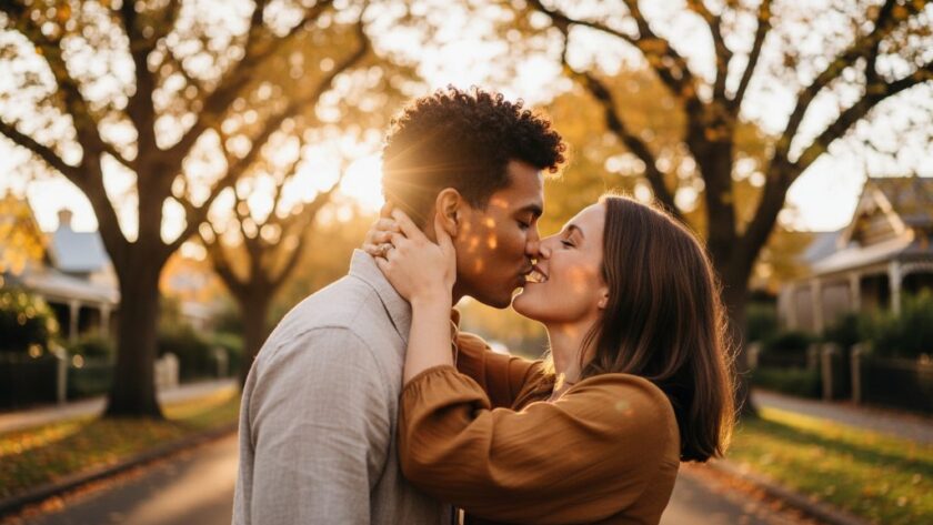 A couple shares a tender, intimate kiss at sunset on a picturesque tree-lined street in Newtown, Victoria, perfectly captured during their romantic Newtown Victoria engagement photography session by Image by SD, showcasing an epic, candid moment.