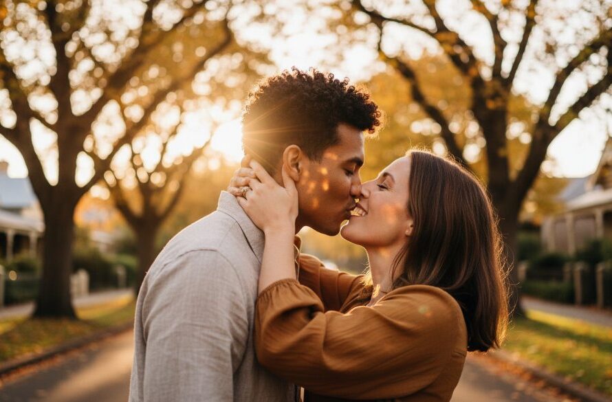 A couple shares a tender, intimate kiss at sunset on a picturesque tree-lined street in Newtown, Victoria, perfectly captured during their romantic Newtown Victoria engagement photography session by Image by SD, showcasing an epic, candid moment.