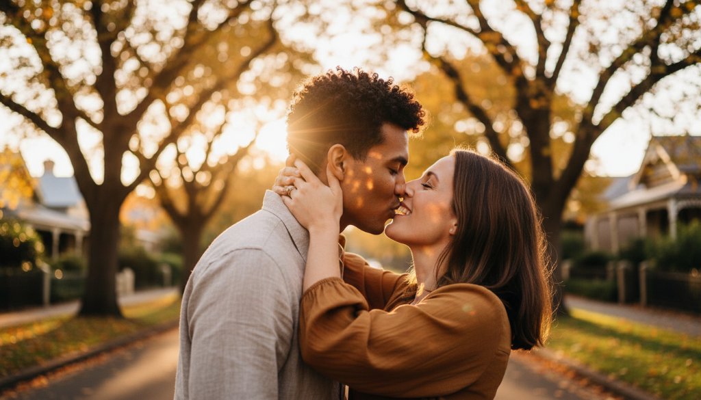 A couple shares a tender, intimate kiss at sunset on a picturesque tree-lined street in Newtown, Victoria, perfectly captured during their romantic Newtown Victoria engagement photography session by Image by SD, showcasing an epic, candid moment.