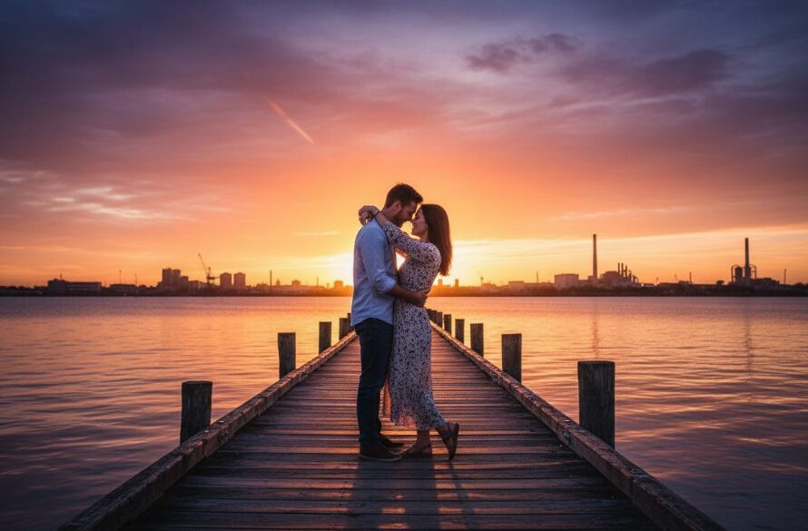 A couple shares a romantic, tender kiss at sunset on the North Geelong waterfront, framed by a dramatic sky and sparkling bay, celebrating their romantic North Geelong waterfront engagement photos with professional cinematic lighting.