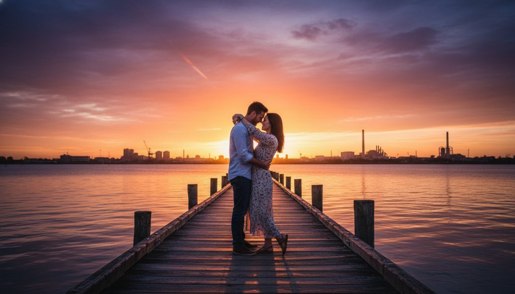 A couple shares a romantic, tender kiss at sunset on the North Geelong waterfront, framed by a dramatic sky and sparkling bay, celebrating their romantic North Geelong waterfront engagement photos with professional cinematic lighting.