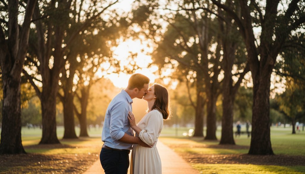 Romantic Nunawading engagement photography capturing love stories, featuring a couple embracing warmly at sunset in a beautiful Nunawading park, with golden light filtering through trees, creating an ethereal and intimate atmosphere.