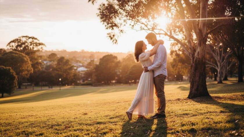 A couple sharing a tender embrace at sunset in a lush Nunawading park, bathed in golden hour light, creating romantic Nunawading engagement photos capturing genuine joy with a cinematic, epic moment feel.