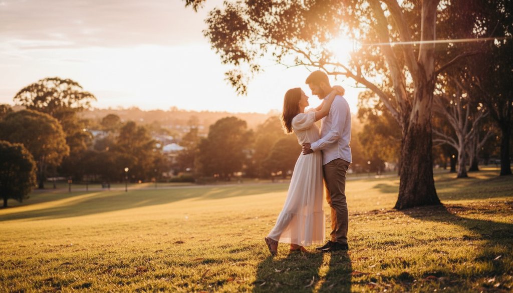 A couple sharing a tender embrace at sunset in a lush Nunawading park, bathed in golden hour light, creating romantic Nunawading engagement photos capturing genuine joy with a cinematic, epic moment feel.