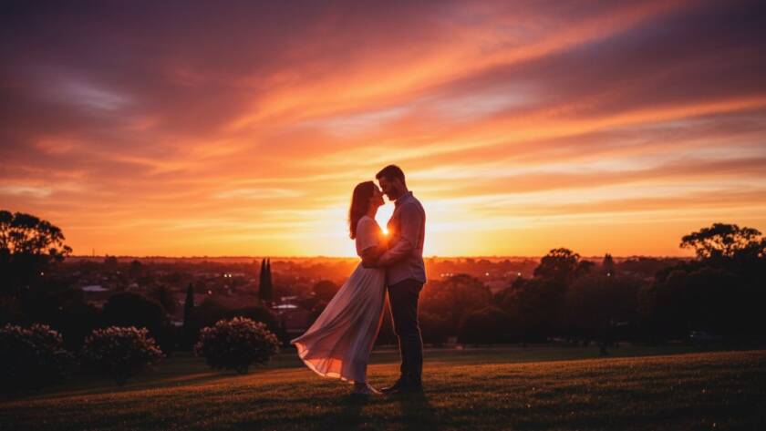 A breathtaking 'epic moment' photograph capturing a couple deeply in love, silhouetted against a dramatic sunset at a romantic Oakleigh engagement photography location Victoria, showcasing their joyous embrace.