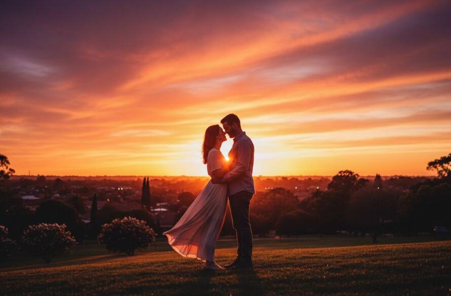 A breathtaking 'epic moment' photograph capturing a couple deeply in love, silhouetted against a dramatic sunset at a romantic Oakleigh engagement photography location Victoria, showcasing their joyous embrace.