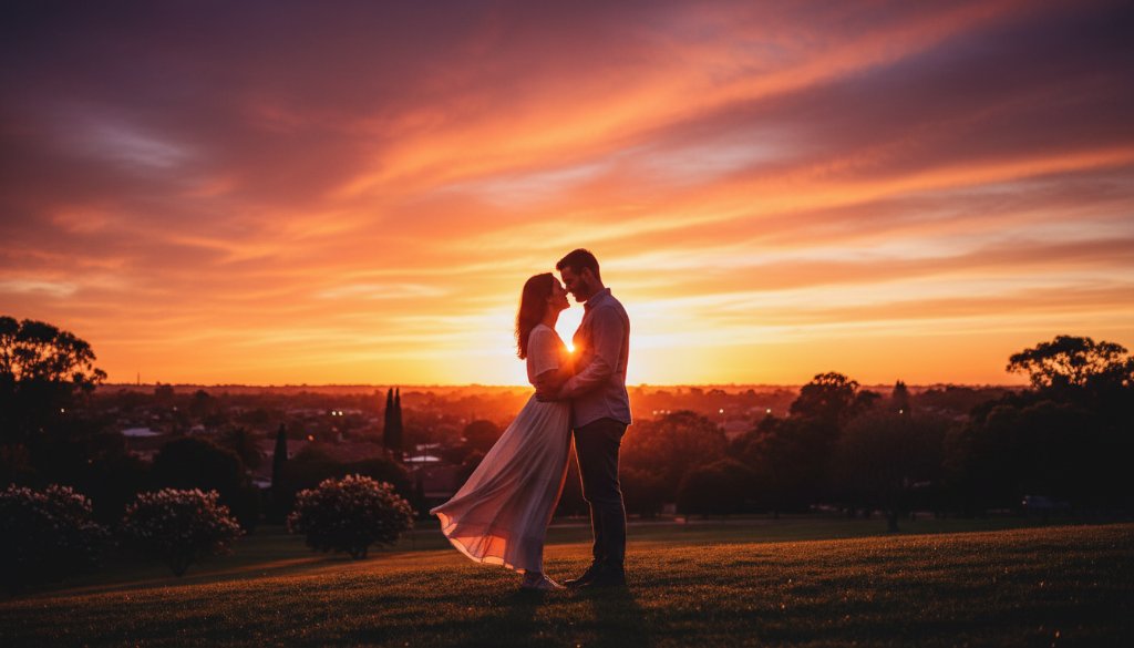 A breathtaking 'epic moment' photograph capturing a couple deeply in love, silhouetted against a dramatic sunset at a romantic Oakleigh engagement photography location Victoria, showcasing their joyous embrace.