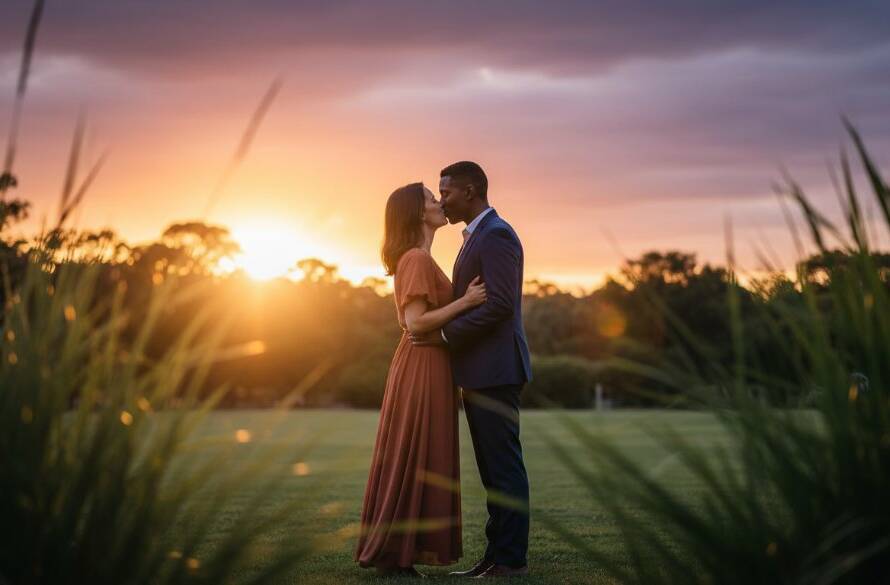 An 'epic moment' photograph of a joyous couple embracing at sunset in a lush park in Oakleigh South, showcasing romantic Oakleigh South engagement photography, with warm golden light illuminating their happy faces and the surrounding greenery.