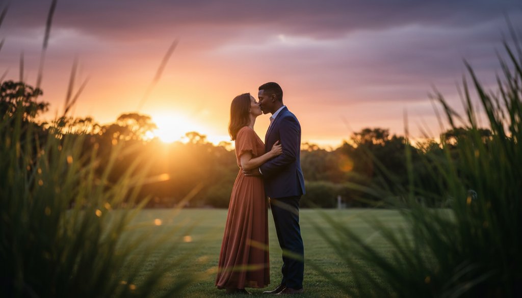 An 'epic moment' photograph of a joyous couple embracing at sunset in a lush park in Oakleigh South, showcasing romantic Oakleigh South engagement photography, with warm golden light illuminating their happy faces and the surrounding greenery.