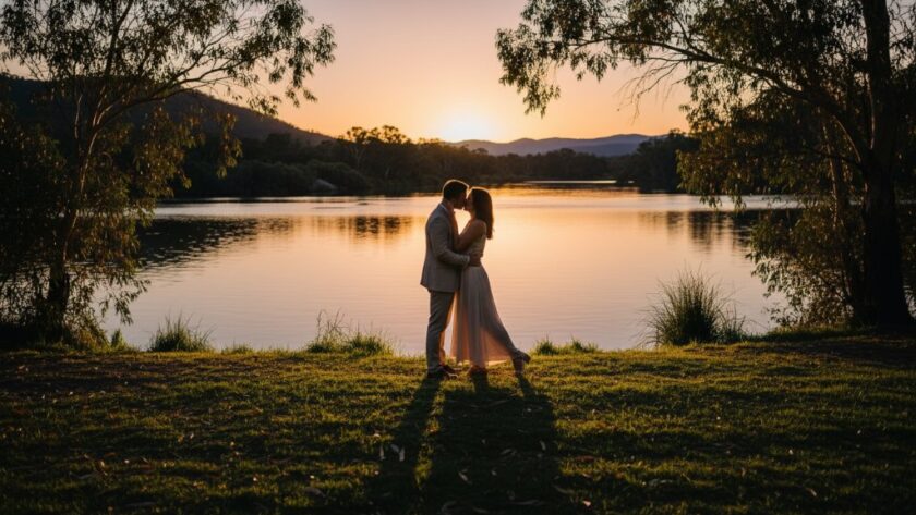 A couple sharing a tender embrace by the tranquil Snowy River at sunset, showcasing romantic Orbost riverside engagement photography with golden light and serene natural beauty.