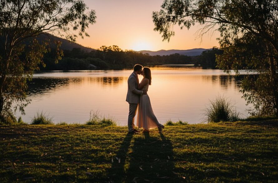 A couple sharing a tender embrace by the tranquil Snowy River at sunset, showcasing romantic Orbost riverside engagement photography with golden light and serene natural beauty.