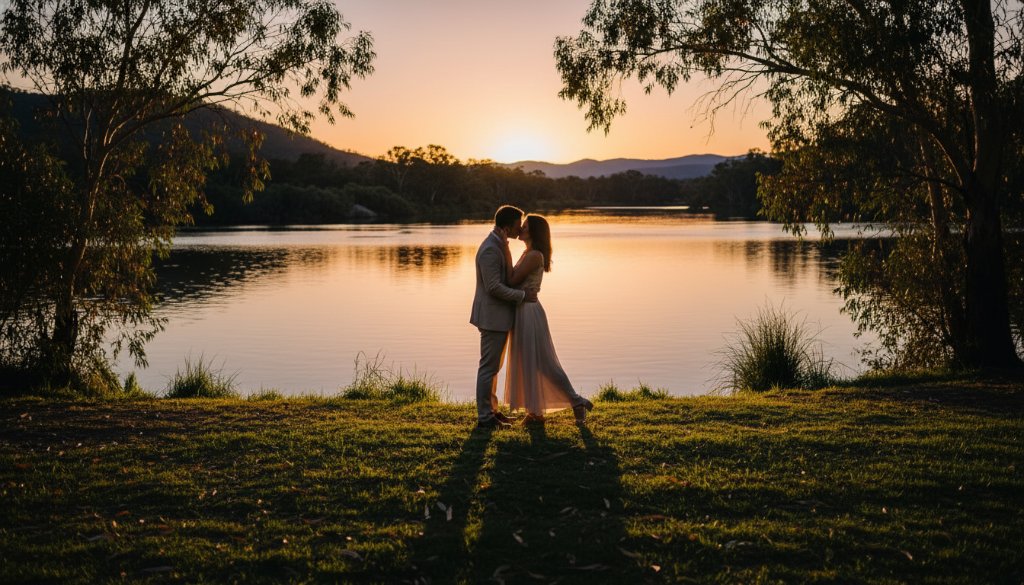 A couple sharing a tender embrace by the tranquil Snowy River at sunset, showcasing romantic Orbost riverside engagement photography with golden light and serene natural beauty.