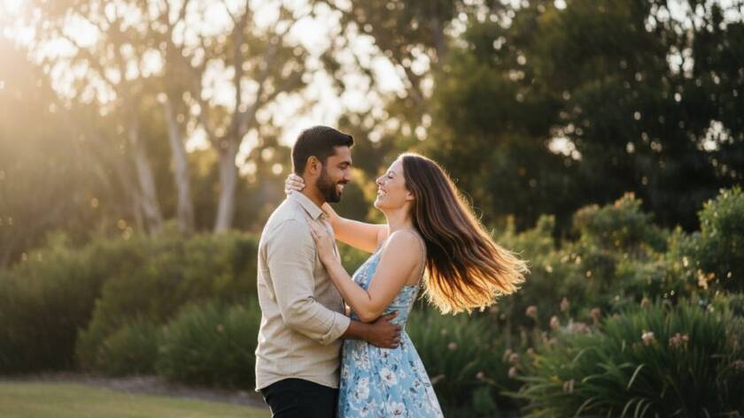 An epic moment captured during romantic Park Orchards engagement photography Victoria, featuring a couple embracing under the golden hour light, surrounded by the lush, native Australian bushland of Park Orchards, with a dramatic lens flare adding to the cinematic feel.